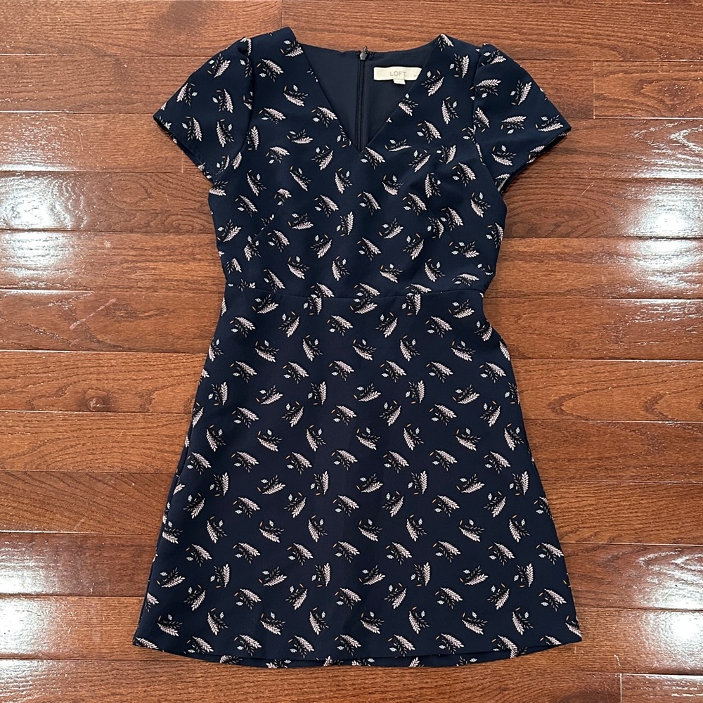 LOFT Navy Blue Leaf Print Mini Dress